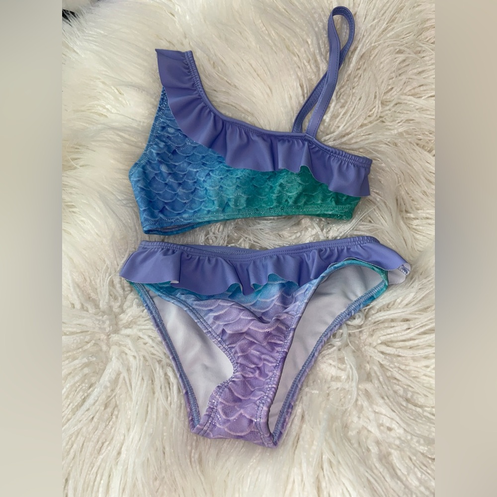Girls' Ruffle Mermaid Bikini in Purple & Teal